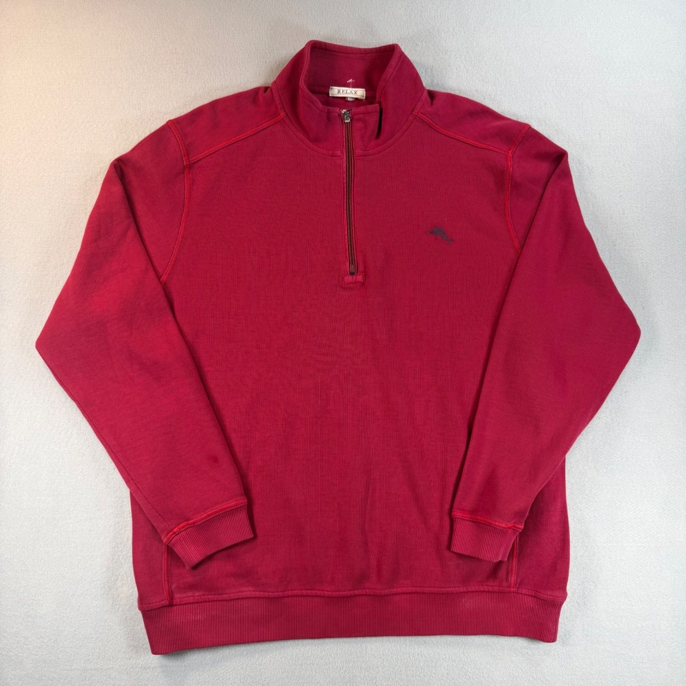 Tommy Bahama Relax Mens Large Red Ribbed Quarter Zip Pullover Sweater Marlin